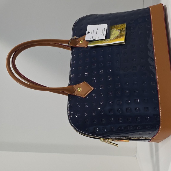 NWT ✅ ARCADIA Top Handles Patent Leather Dome Satchel BLUE / TAN +Dust Bag & COA - Picture 3 of 13